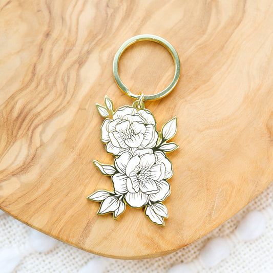 Line Drawn Peonies Metal Keychain