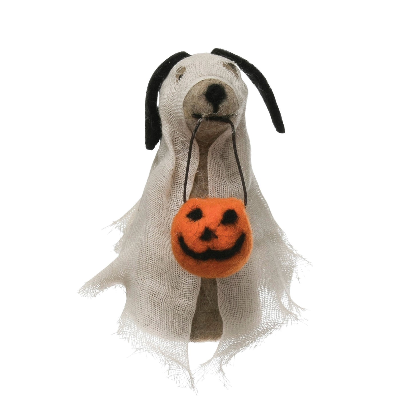 Wool Felt Dog in Ghost Costume 5"L x 3.5"W x 5"H