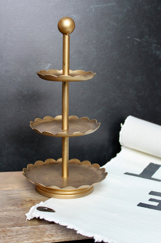 Decorative Metal 3-Tier Tray with Scalloped Edges, Gold Finish