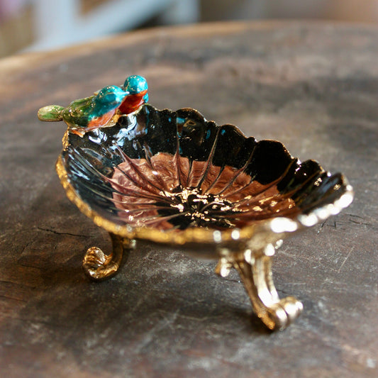 Enameled Metal Footed Jewelry Dish w/ Birds