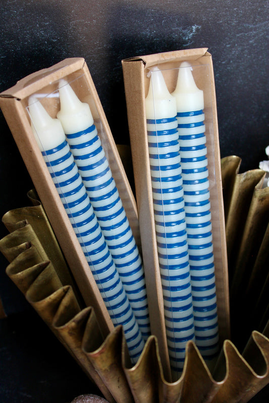Striped Taper Candles in Box, Blue, Set of 2