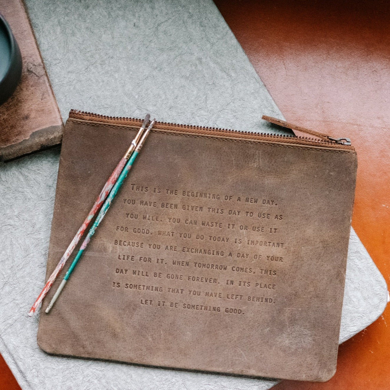 "This is the Beginning" Leather Zip Bag