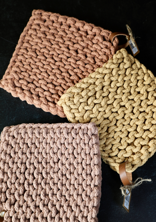 Cotton Crocheted Pot Holder w/ Leather Loop