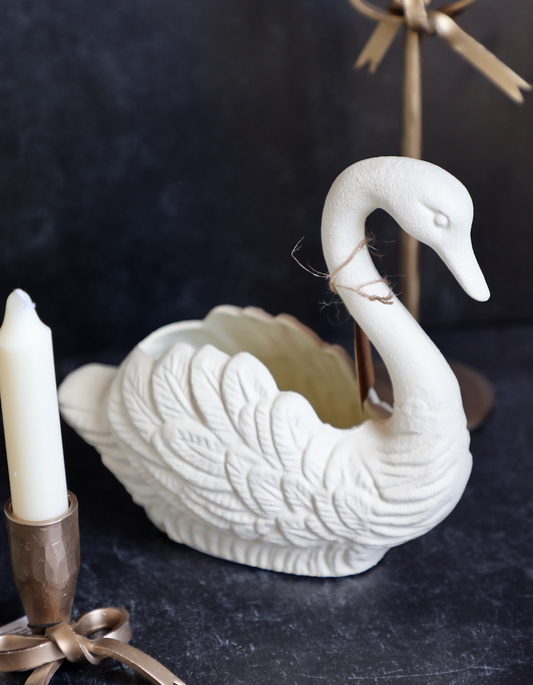 Cast Iron Swan Container, Antique White