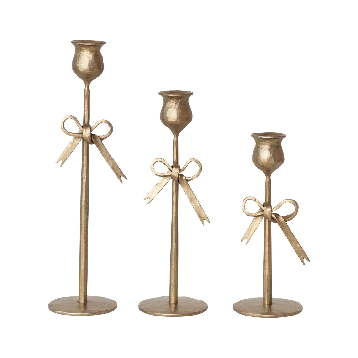 Hand-Forged Iron Taper Holders w/ Bow, Antique Gold Finish, Set of 3