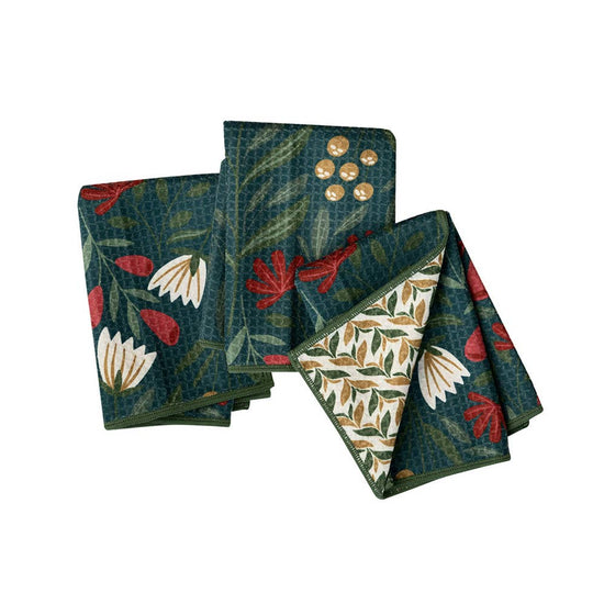 Set of three green Utopian Garden mighty mini towels with floral pattern in red and white, garden green trim.
