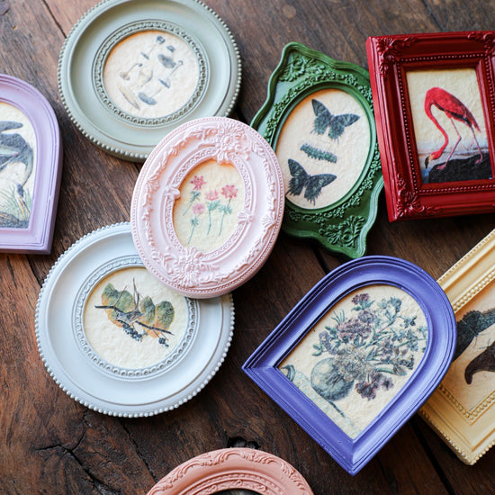 Colorful framed art magnets with nature illustrations on a wooden surface.
