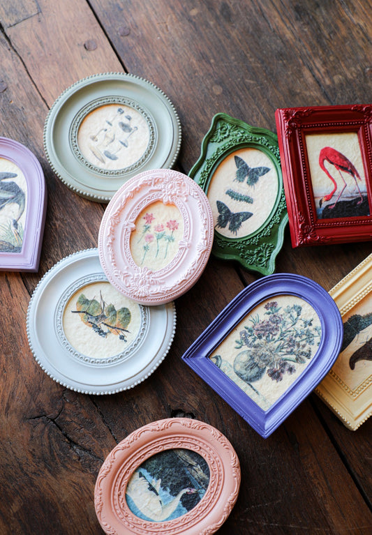 Colorful framed art magnets with nature illustrations on a wooden surface.
