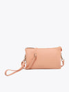 Sherbet crossbody wristlet with silver hardware.