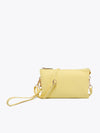 Pastel yellow crossbody wristlet by unknown vendor featuring a textured finish and gold-tone hardware.
