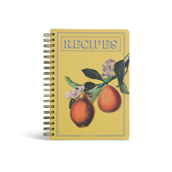 Spiral-bound hardcover recipes journal by Papier with hanging fruit illustrations.