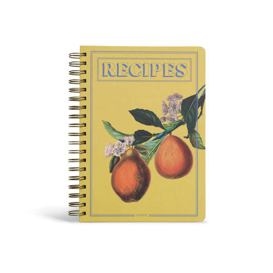 Spiral-bound hardcover recipes journal by Papier with hanging fruit illustrations.