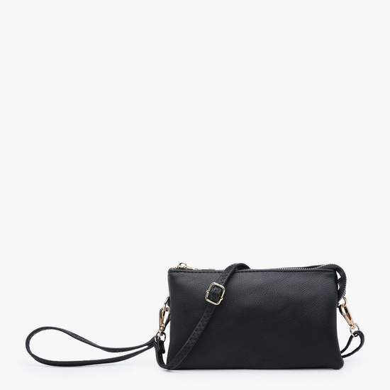 Black vegan leather crossbody and wristlet with golden hardware.
