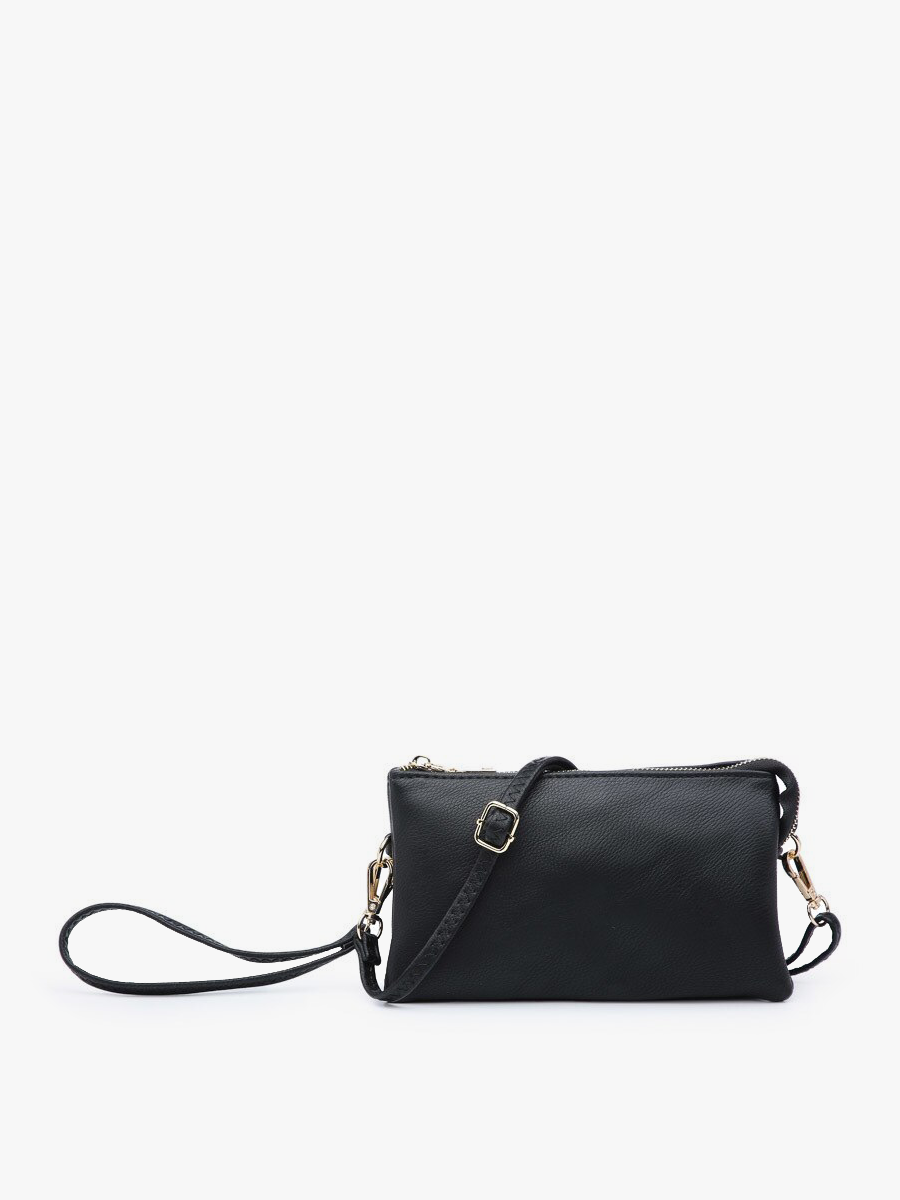 Black vegan leather crossbody and wristlet with golden hardware.