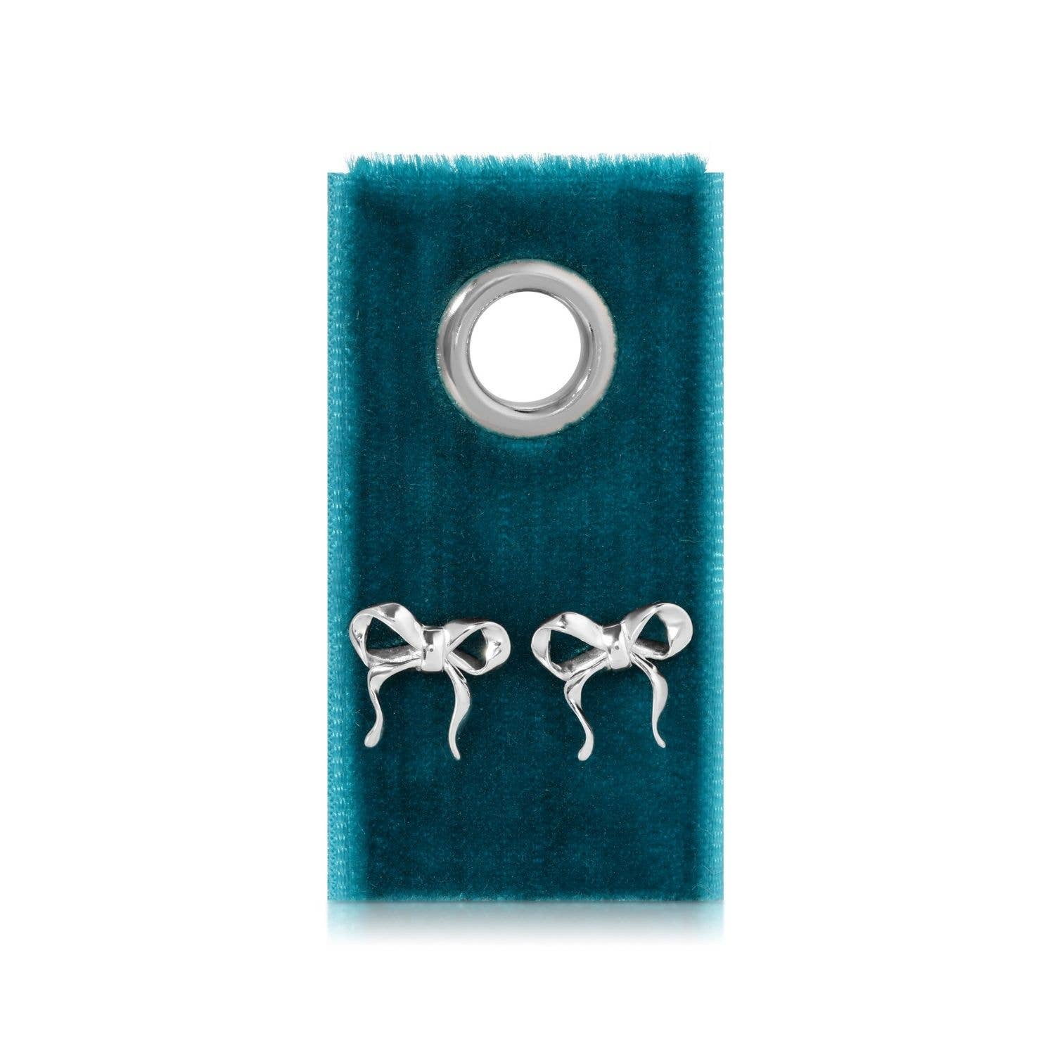 Silver bow earrings on velvet tag with grommet detail.