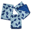 Set of three blue reversible mini towels with ginko leaf pattern and geometric backing