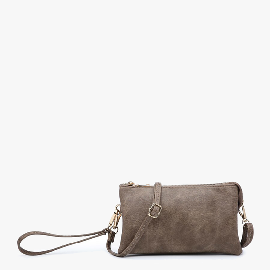 Chocolate crossbody wristlet from an unknown brand featuring gold-tone hardware and an attached strap.
