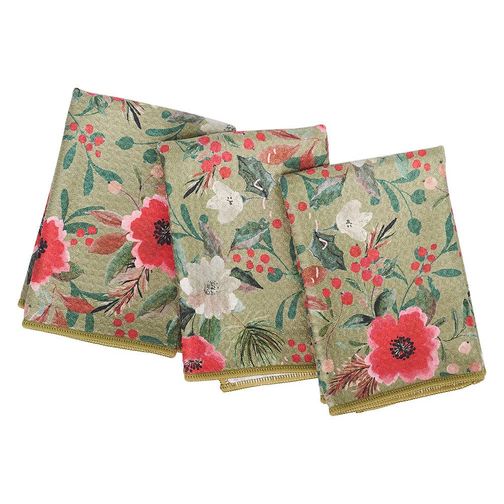 Set of three sage flora towels with floral pattern from Mighty Mini Towel, accented with small golden edge detail.

