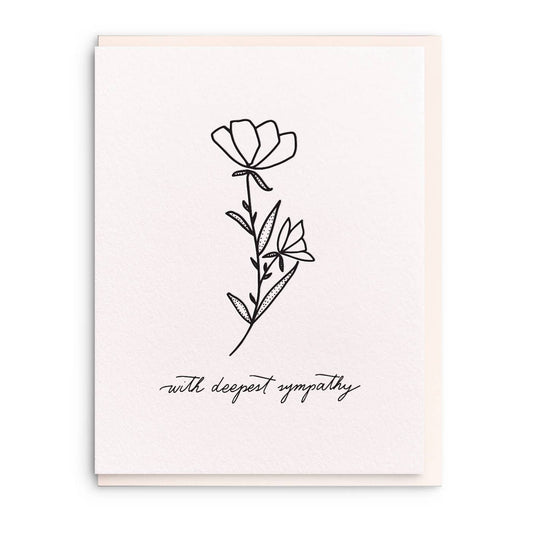 Sympathy greeting card with letterpress floral design and "with deepest sympathy" text.