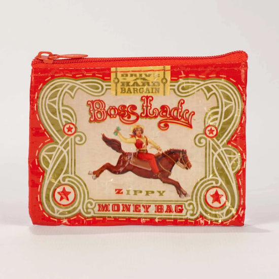 Coin pouch by Blue Q with a vintage-style Boss Lady graphic and zipper closure.