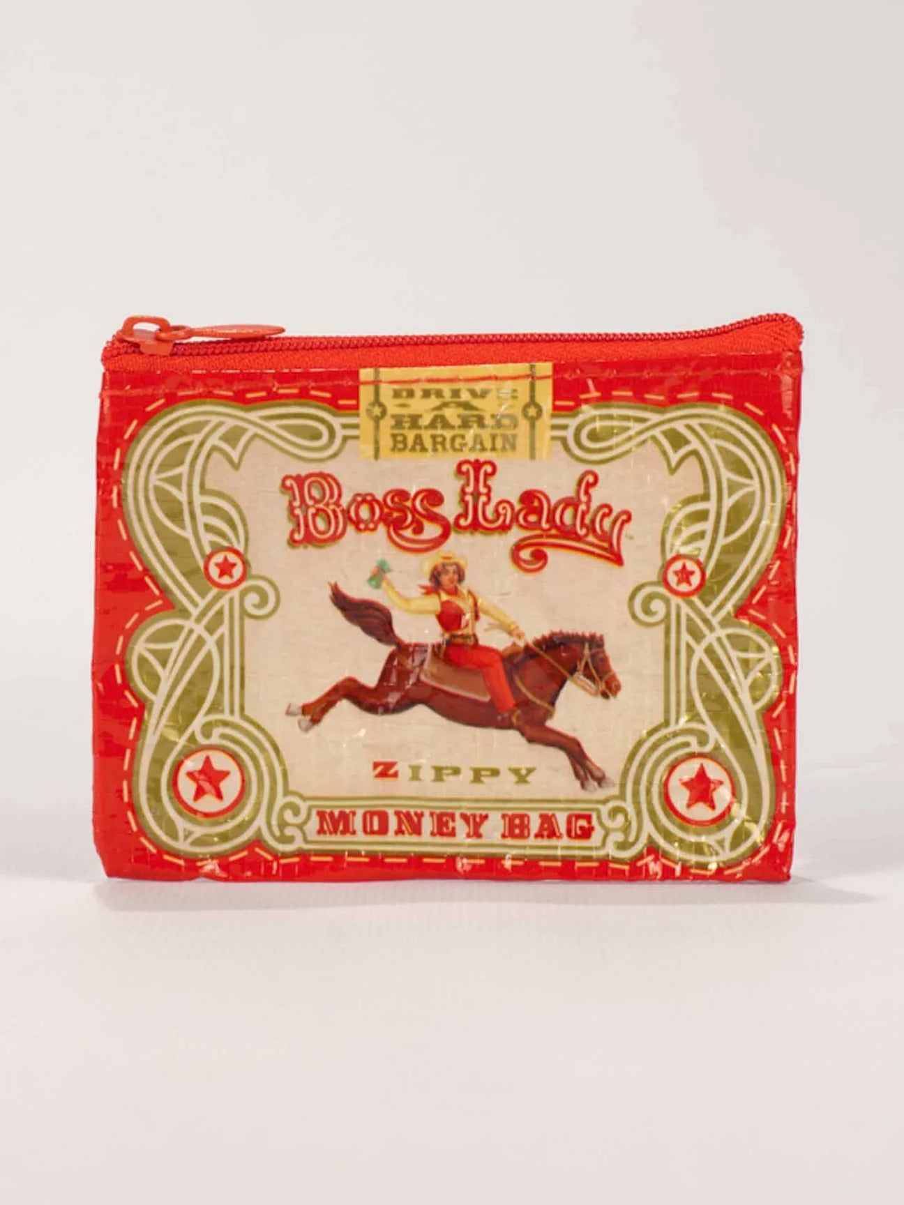 Coin pouch by Blue Q with a vintage-style Boss Lady graphic and zipper closure.