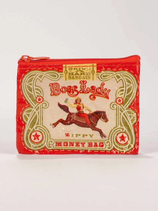 Coin pouch by Blue Q with a vintage-style Boss Lady graphic and zipper closure.