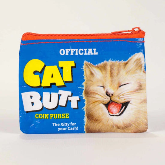 Coin pouch from Blue Q with "Cat Butt" text and a smiling kitty graphic.