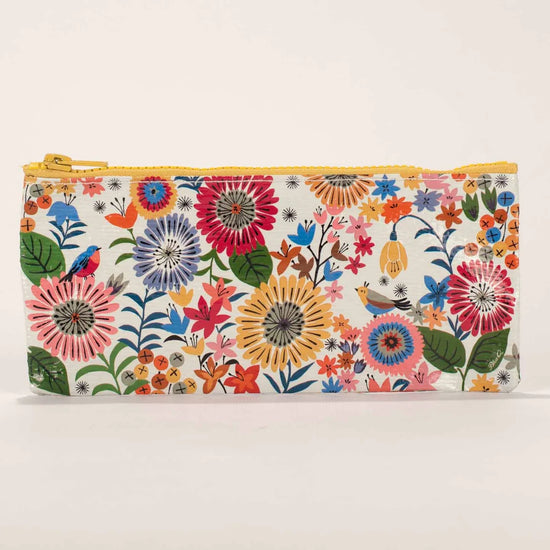 Pencil case by Blue Q, featuring a floral and bird pattern, and a yellow zipper.