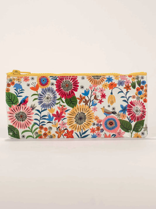 Pencil case by Blue Q, featuring a floral and bird pattern, and a yellow zipper.