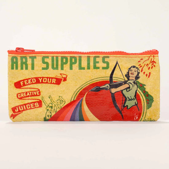 Printed Blue Q pencil case with a retro-style graphic of a woman holding a bow and arrow.
