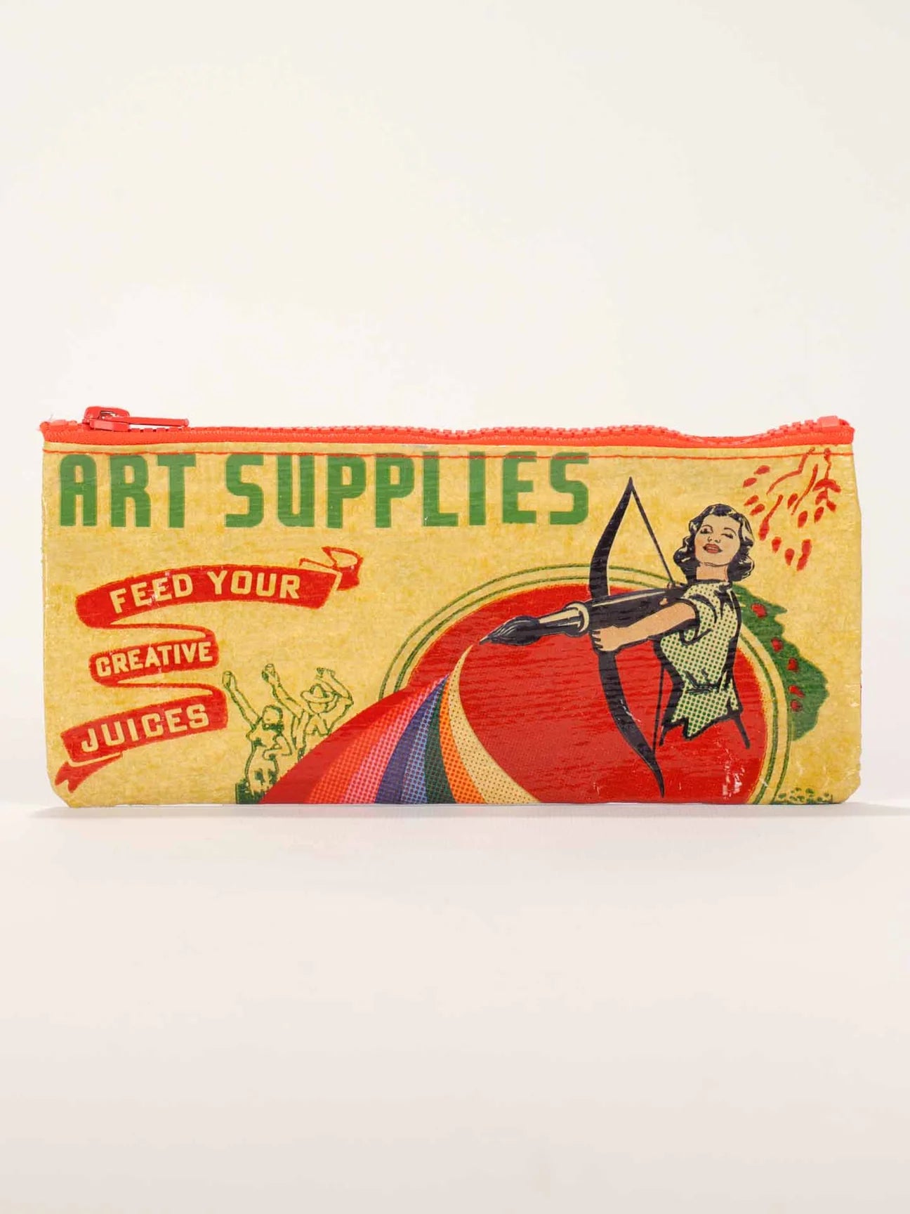 Printed Blue Q pencil case with a retro-style graphic of a woman holding a bow and arrow.
