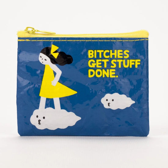 Coin pouch from Blue Q with a blue textured design, yellow trim, and cartoon graphics.