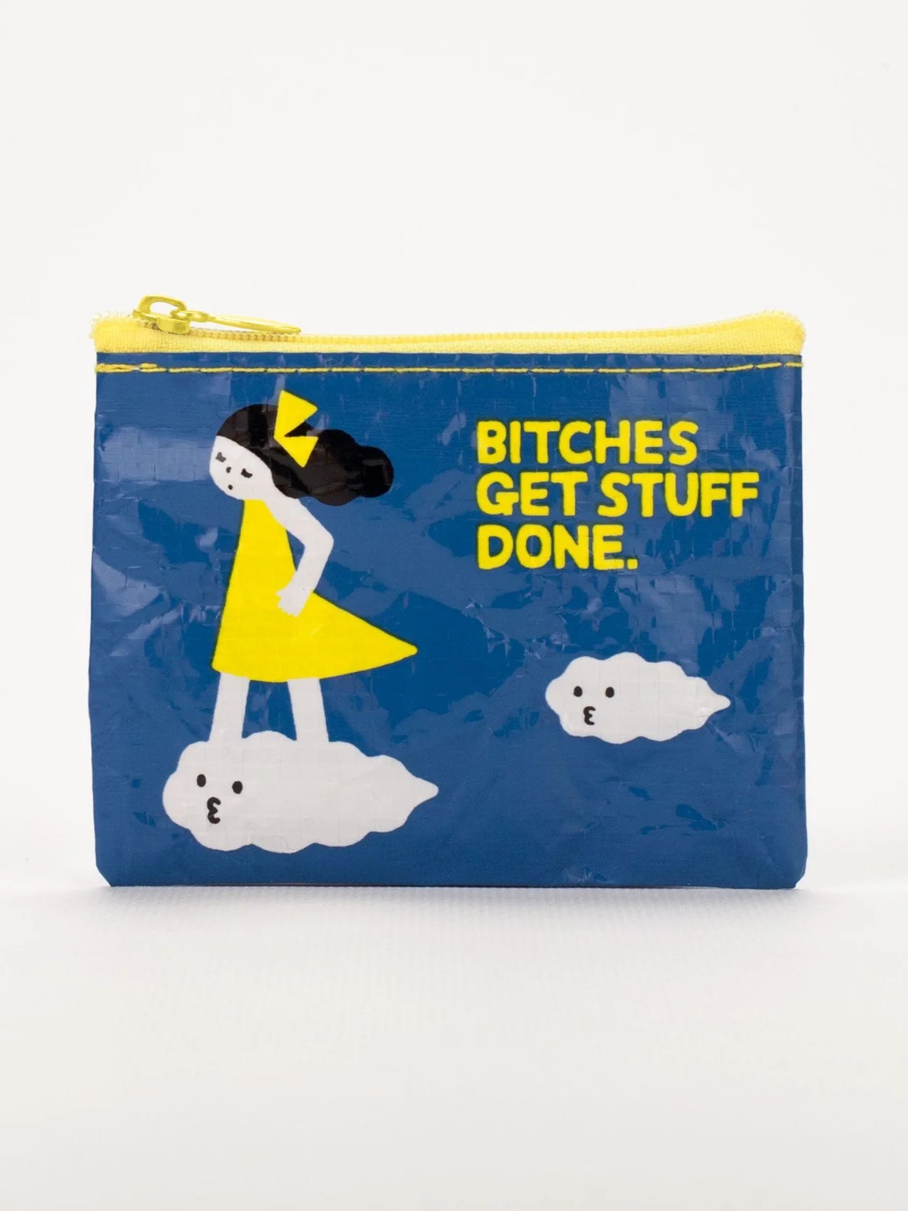 Coin pouch from Blue Q with a blue textured design, yellow trim, and cartoon graphics.