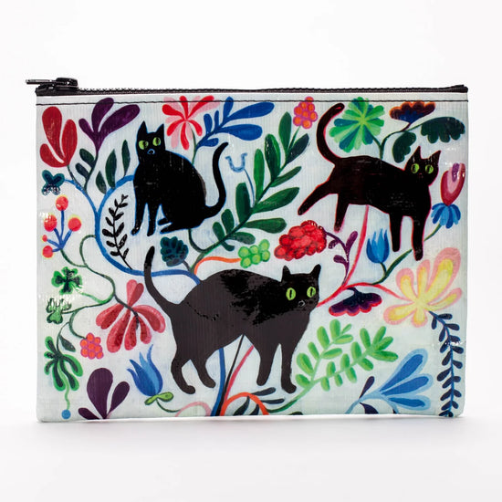Zipper pouch by Blue Q with black cats and colorful floral pattern on a white background.
