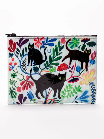 Zipper pouch by Blue Q with black cats and colorful floral pattern on a white background.
