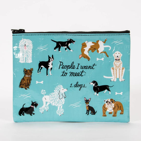 Zipper pouch by Blue Q with a dog pattern against a light blue background.