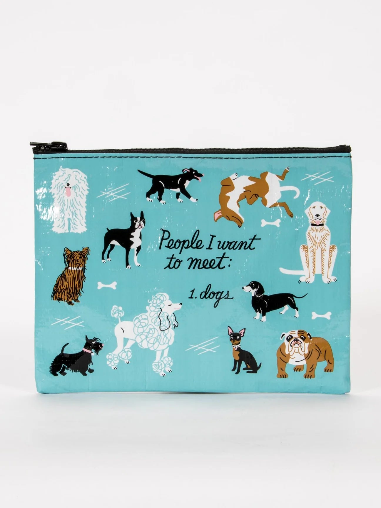 Zipper pouch by Blue Q with a dog pattern against a light blue background.