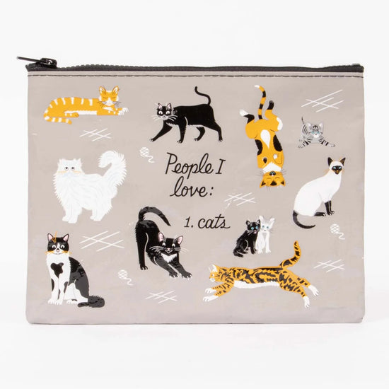 Zipper pouch by Blue Q, with cat illustrations and text reading "People I love: 1. cats".
