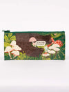 Pencil case by Blue Q with a bigfoot and gnome illustration, mushrooms, and a green zipper.