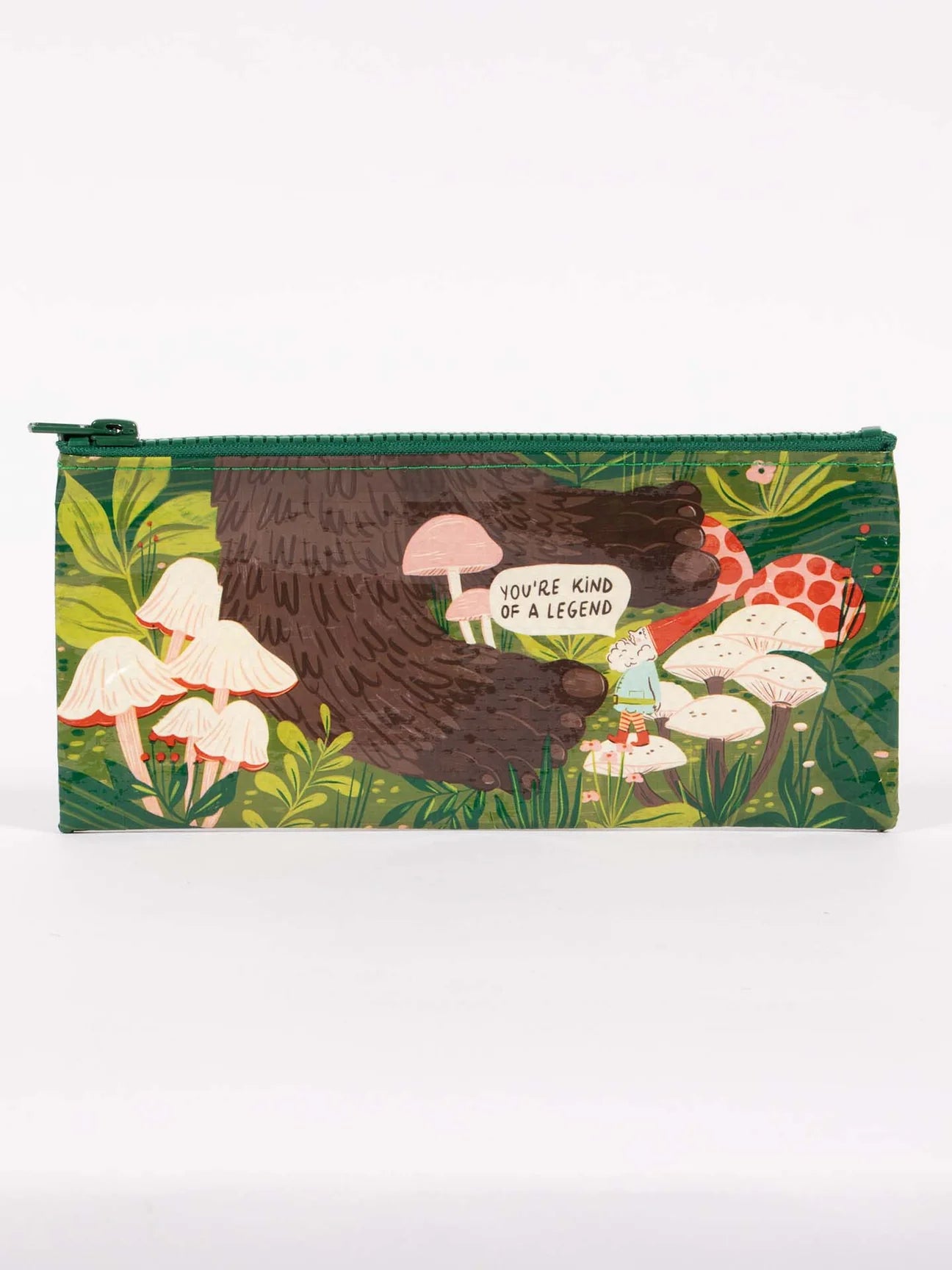 Pencil case by Blue Q with a bigfoot and gnome illustration, mushrooms, and a green zipper.