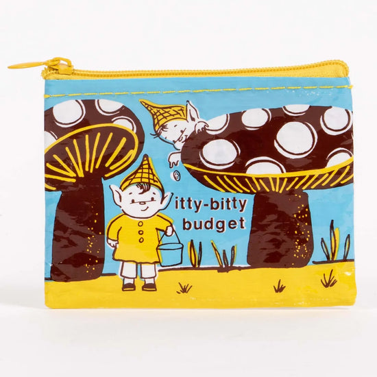 Coin pouch from Blue Q with illustrated mushroom and gnome design.