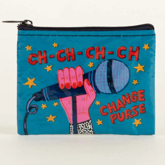 Coin pouch from Blue Q with "Change Purse" text and a graphic of a hand holding a microphone, on a blue background.