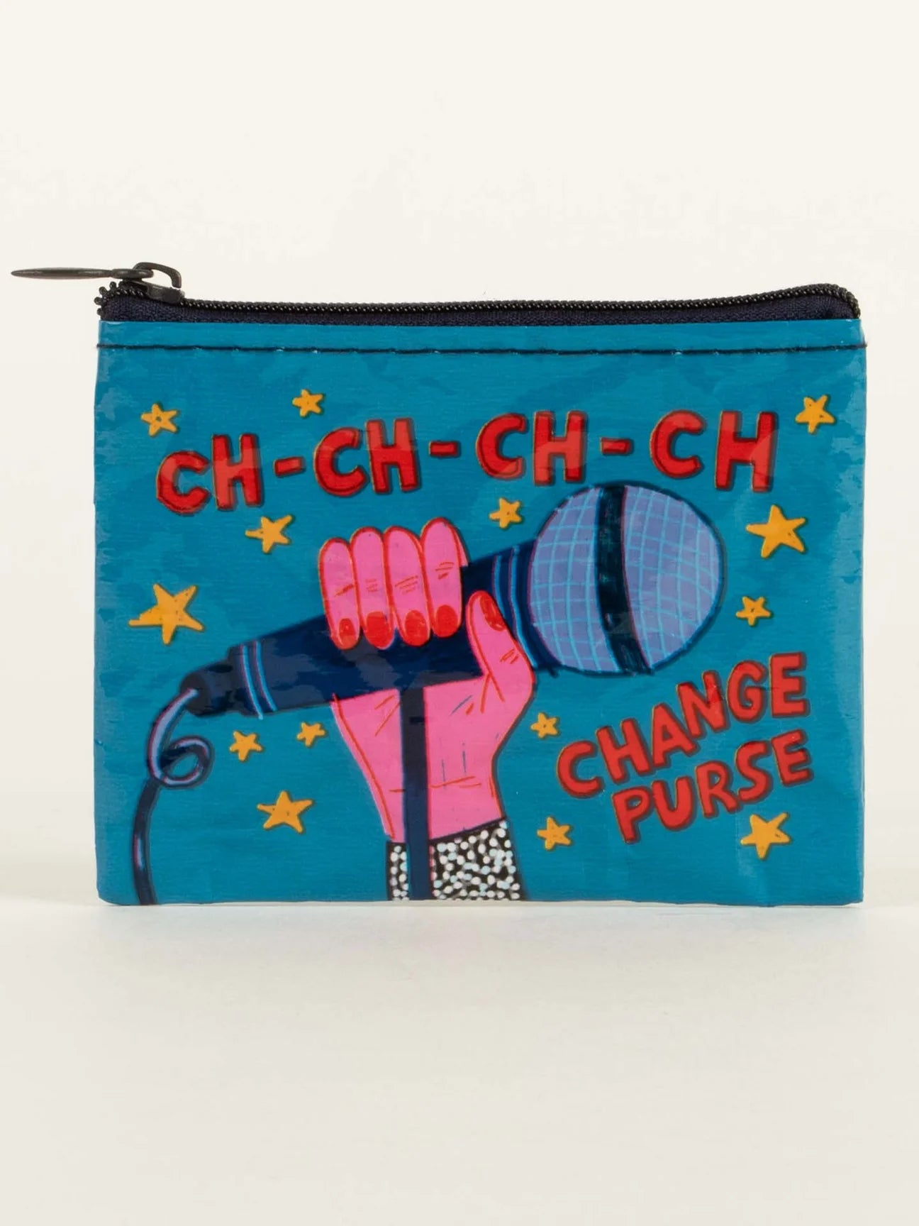 Coin pouch from Blue Q with "Change Purse" text and a graphic of a hand holding a microphone, on a blue background.