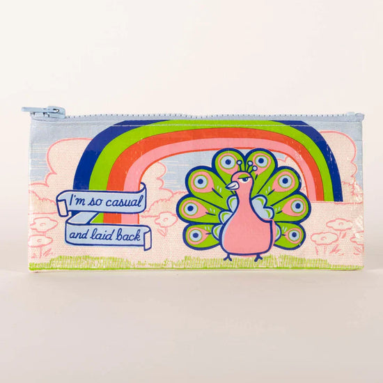Fabric pencil case by Blue Q with a rainbow, peacock, and the text "I'm so casual and laid back."
