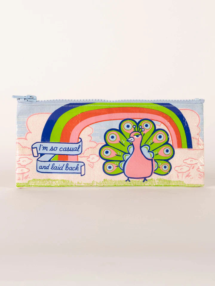 Fabric pencil case by Blue Q with a rainbow, peacock, and the text "I'm so casual and laid back."
