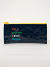 Printed pencil case by Blue Q with grid pattern and colourful text on a white background.