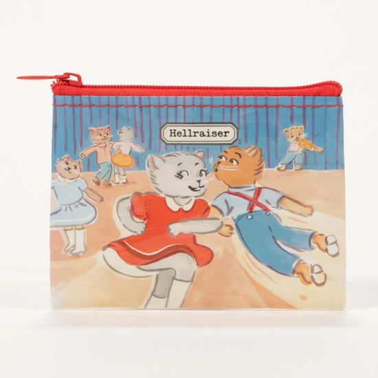 Coin pouch by Blue Q with cartoon dancing cats and a red zipper.
