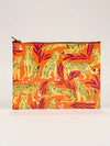 Zipper pouch by Blue Q with a cheetah and leaf pattern over orange.