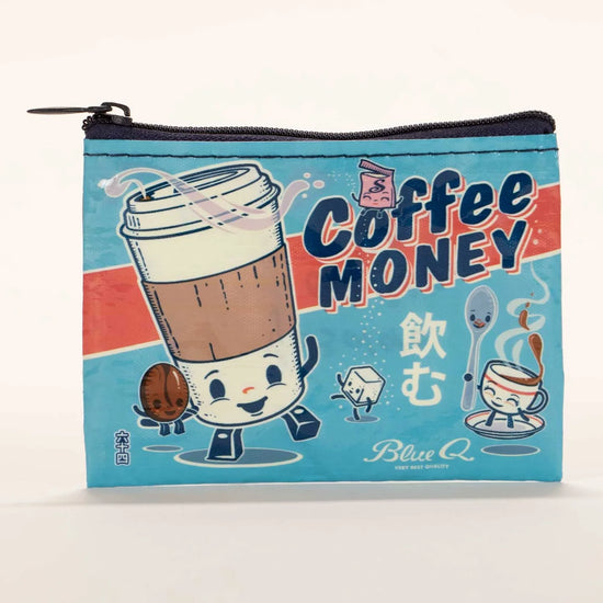 Coin pouch by Blue Q with coffee-themed cartoon characters and “coffee money” lettering against a light blue backdrop.
