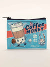 Coin pouch by Blue Q with coffee-themed cartoon characters and “coffee money” lettering against a light blue backdrop.